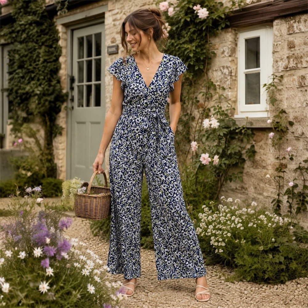 Tanya Taylor Avalon Floral Linen Belted Jumpsuit Size 6 Wide Leg